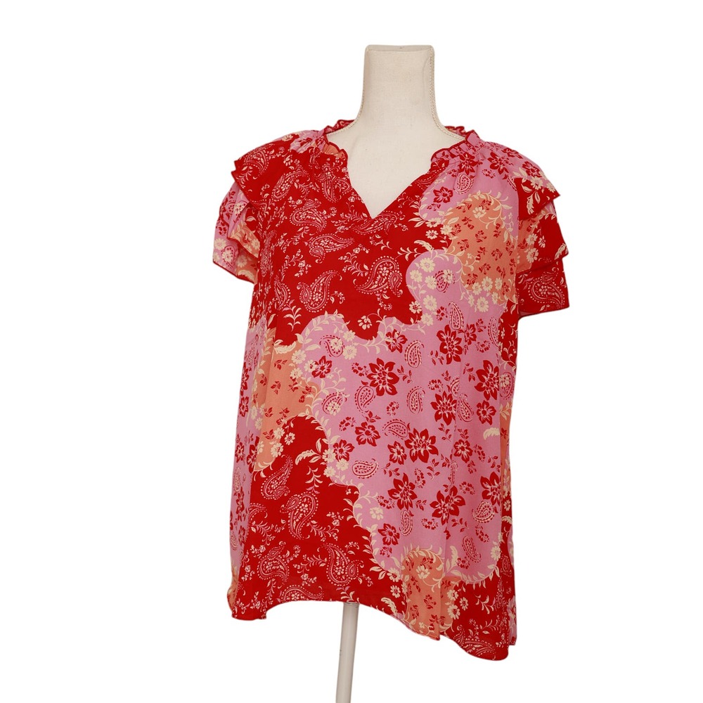 NANETTE LEPORE Colorful Blouse‎ Womens Size L Pink Red Paisley Short Sleeve Top